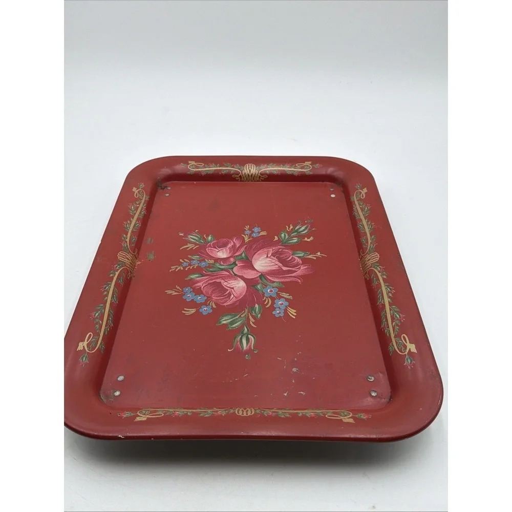 Vintage TV Bed Lap Tray MCM Tole Painted Red Floral Folding Cottage Core